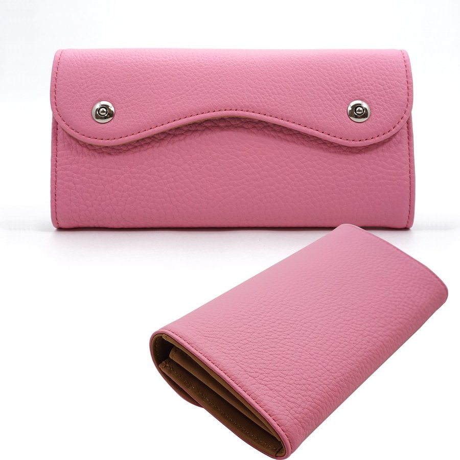 ピンク色のドイツシュリンクカブセ型長財布の表と裏