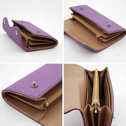 4つ並べてボタンを開けた薄紫色のドイツシュリンクカブセ型長財布