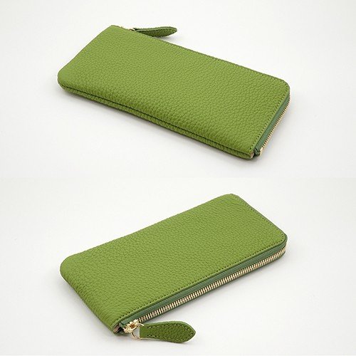 2つ並べたライトグリーン色のドイツシュリンクL字ファスナー薄型長財布