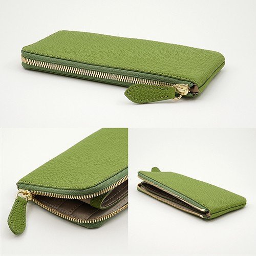 ライトグリーン色のドイツシュリンクL字ファスナー薄型長財布