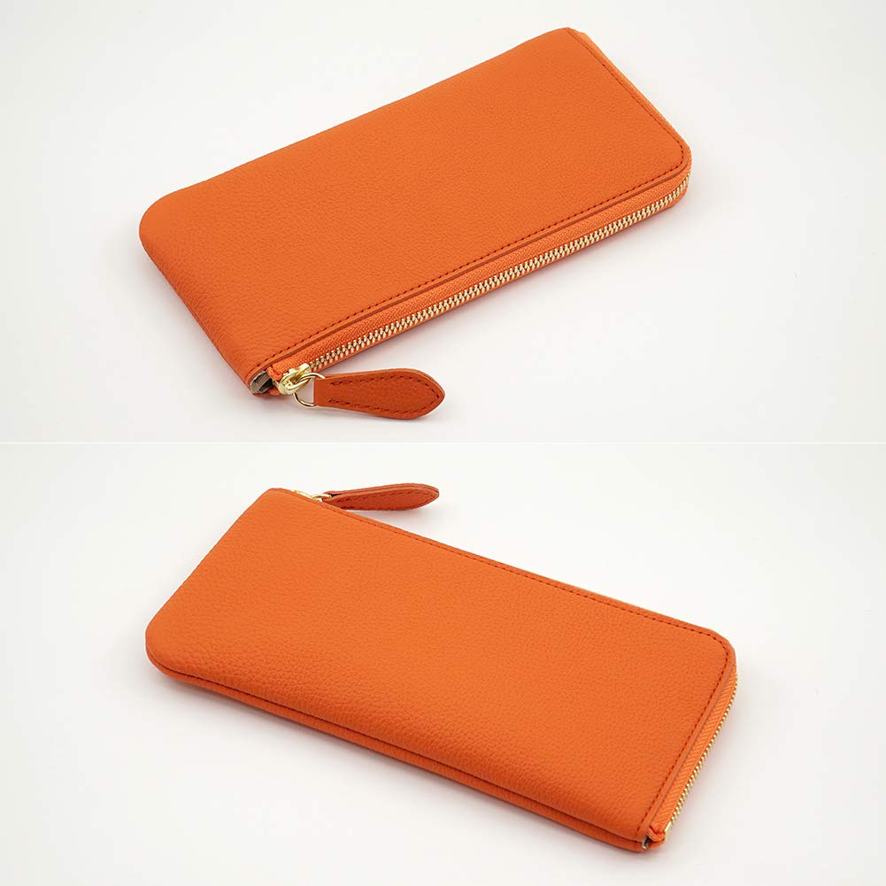 オレンジ色のドイツシュリンクL字ファスナー薄型長財布