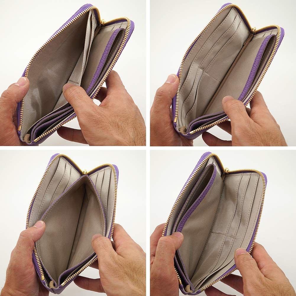 4つ並べてファスナーを開いた薄紫色のドイツシュリンクL字ファスナー薄型長財布