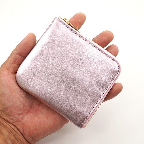 ピンクゴールド色の山羊革L字ファスナーミニ財布