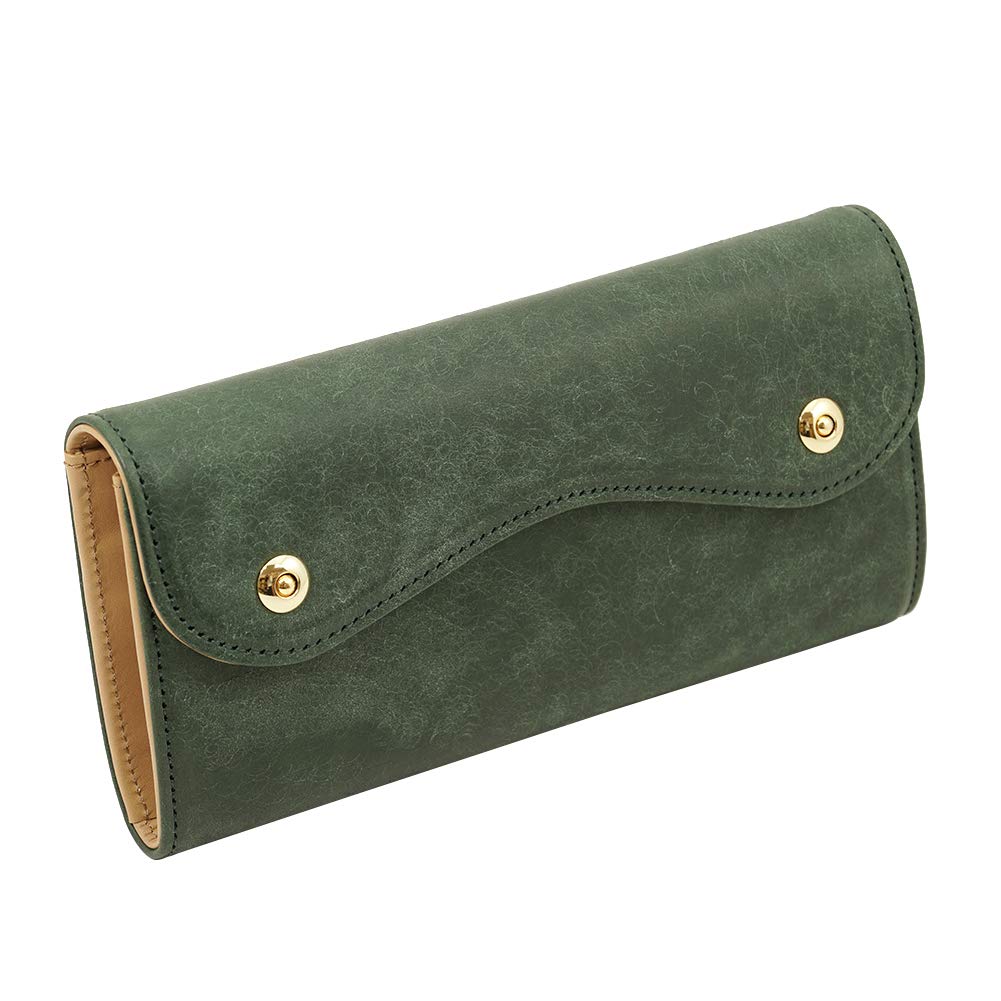 緑色のイタリアンレザーカブセ型長財布