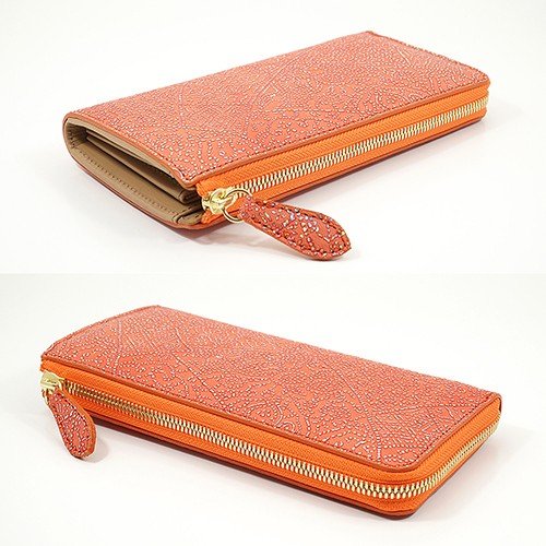 2つ並べたオレンジ色のシープレザーL字型長財布