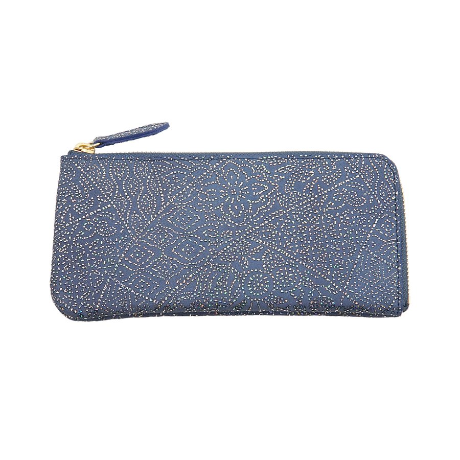 青色の羊革L字ファスナー薄型長財布