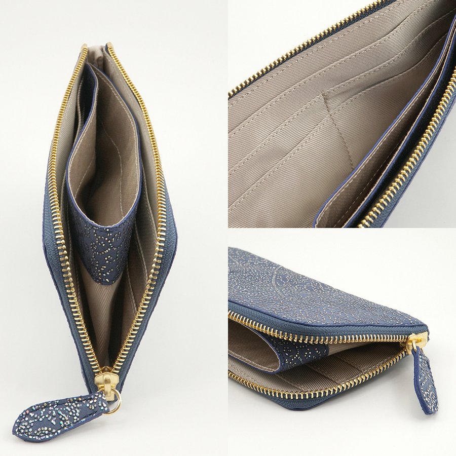 青色の羊革L字ファスナ－薄型長財布