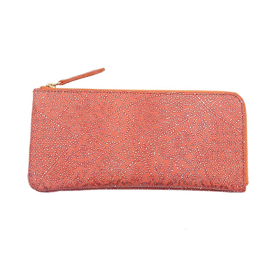 オレンジ色のシープレザーL字ファスナー薄型長財布