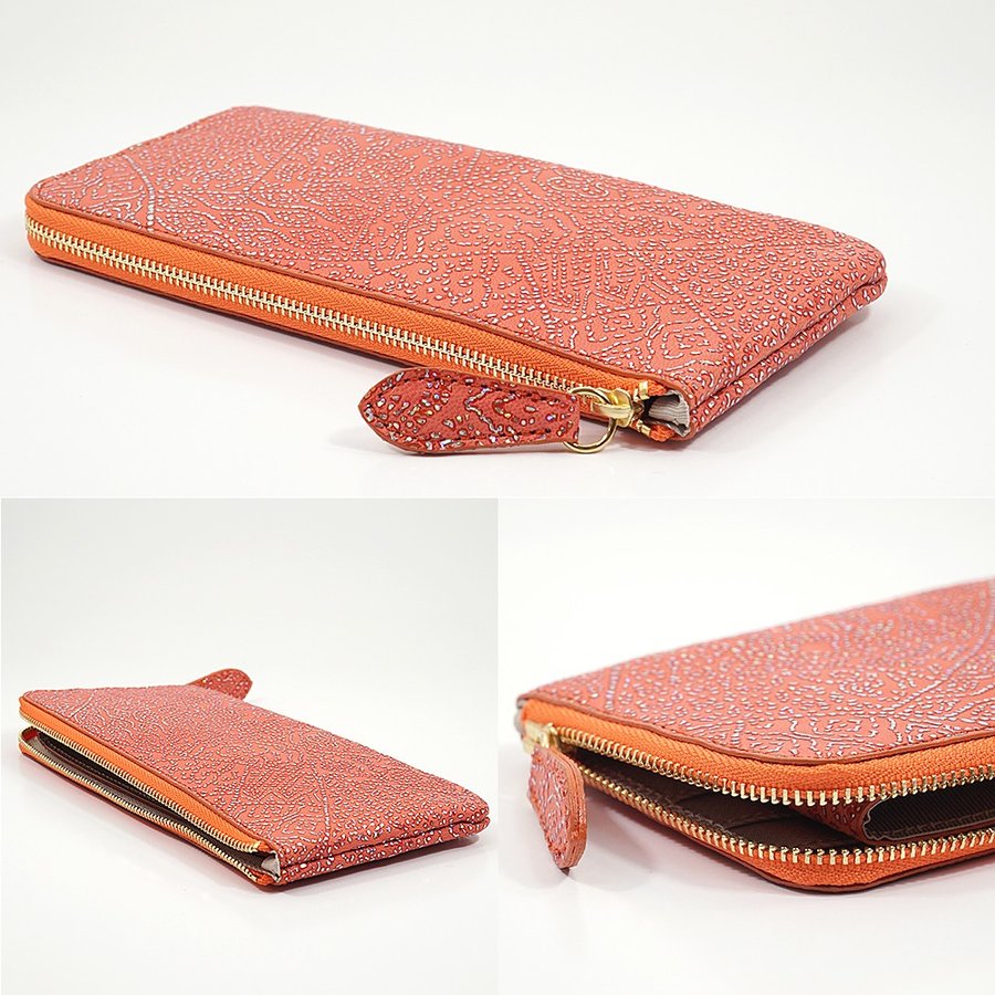 3つ並べたオレンジ色のシープレザーL字ファスナー薄型長財布