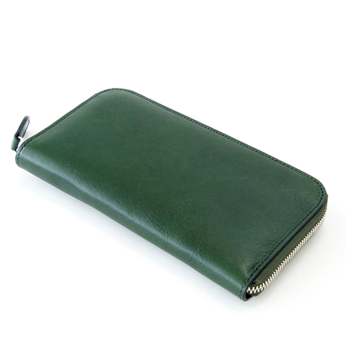 緑色の牛革ラウンドファスナー長財布