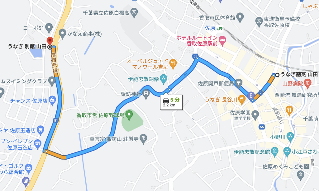 車での距離がわかる うなぎ割烹山田とうなぎ別館 山田の地図の画像