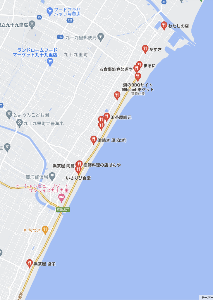 九十九里で食べられる海鮮焼のお店が分かる地図の画像
